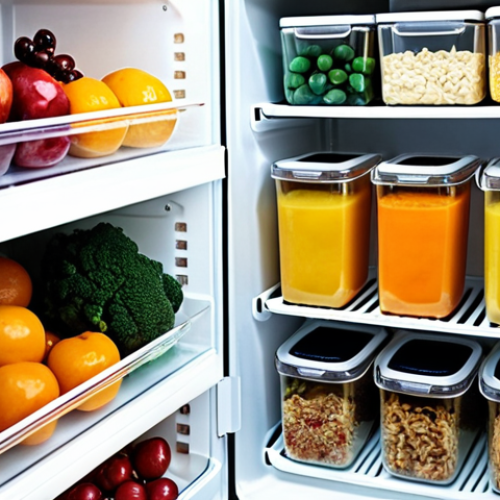 Home 11 **
A brightly lit, organized refrigerator interior. Clear glass containers and neatly stacked zip-lock bags filled with colorful fruits, vegetables, and cooked meals are visible. Some containers have labels with dates. The overall impression is a clean, efficient, and aesthetically pleasing food storage system, emphasizing freshness and minimal waste. "Organized Fridge, Fresh Food"
**