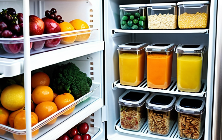 **
A brightly lit, organized refrigerator interior. Clear glass containers and neatly stacked zip-lock bags filled with colorful fruits, vegetables, and cooked meals are visible. Some containers have labels with dates. The overall impression is a clean, efficient, and aesthetically pleasing food storage system, emphasizing freshness and minimal waste. "Organized Fridge, Fresh Food"
**