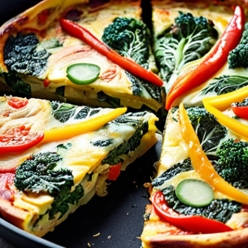 Home 6 **
A vibrant, colorful Italian frittata filled with various leftover vegetables like broccoli, bell peppers, onions, and spinach. A close-up shot highlighting the texture and ingredients, possibly with a slice being taken out to show the inside. Consider adding a slightly wilted vegetable to show the "leftover" concept and kimchi.
**