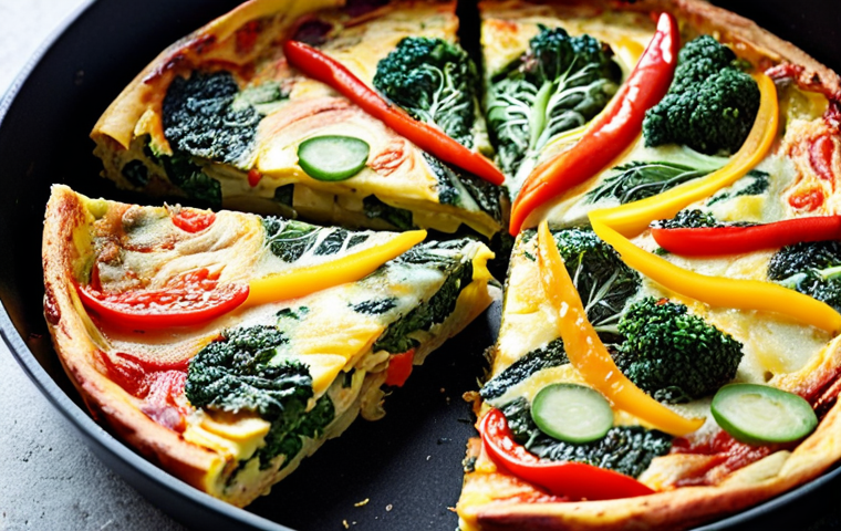 **
A vibrant, colorful Italian frittata filled with various leftover vegetables like broccoli, bell peppers, onions, and spinach. A close-up shot highlighting the texture and ingredients, possibly with a slice being taken out to show the inside. Consider adding a slightly wilted vegetable to show the "leftover" concept and kimchi.
**